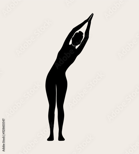 Woman doing Yoga, tadasana pose. Slim girl doing yoga. Hand drawn black silhouette Vector illustration. Weight Loss. Health care and lifestyle concept. Female yoga.