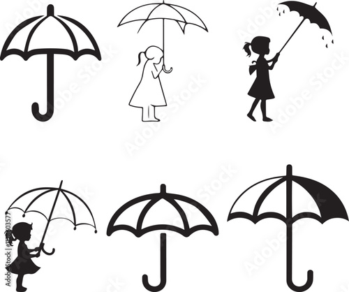 A set of silhouettes of people with umbrellas