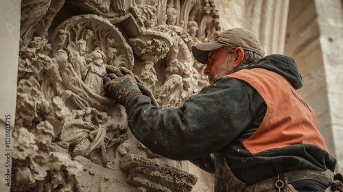 An artisan restoring a damaged stone relief on a weathered medieval cathedral. photo