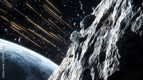 An astronaut climbing a rocky asteroid with streaks of meteors reflecting in their helmet visor. photo