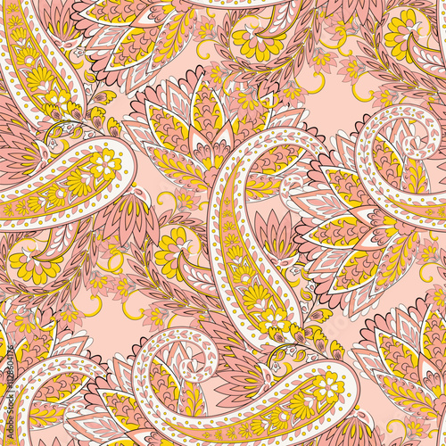 Madhubani, Kalamkari, Chinz, and Kani seamless pattern. Shirting fabric, Ajrakh and Ikat styles. Patola backdrop. Floral allover design