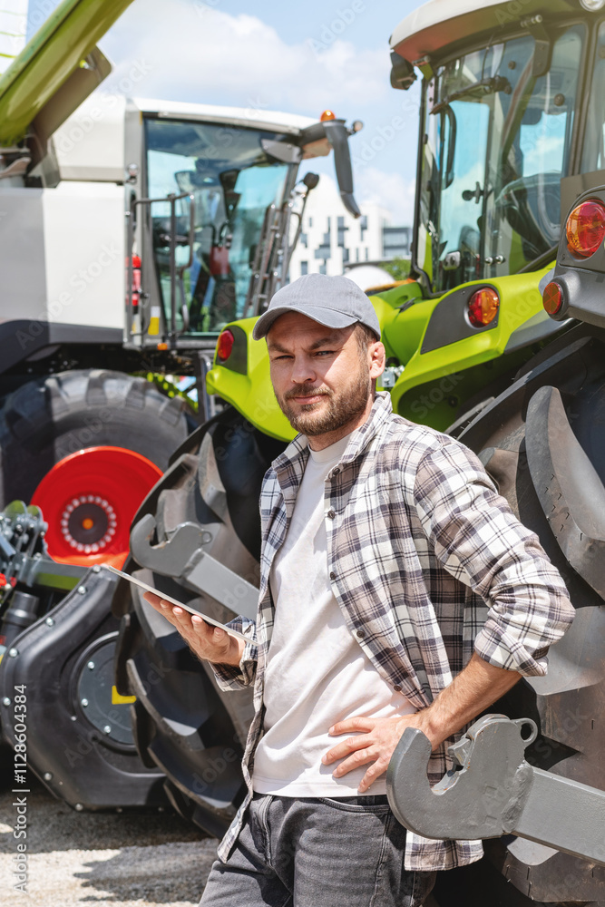 Male farm worker with digital tablet against tractor at agricultural equipment dealership. Male farm worker with digital tablet against tractor at agricultural equipment dealership.