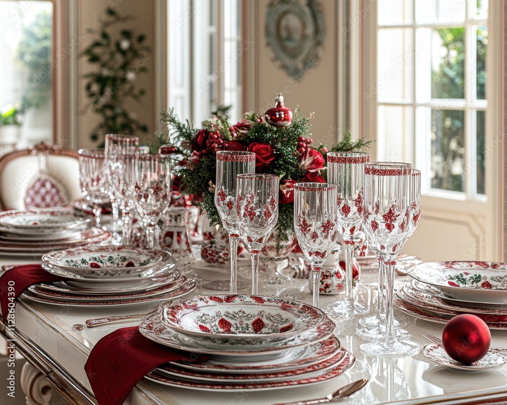 Celebratory Christmas Table Setting Festive Dining Room Decorative Display Elegant Atmosphere Close-Up Champagne and Red Accents Celebratory Christmas Table Setting Festive Dining Room Decorative Display Elegant Atmosphere Close-Up Champagne and Red Accents