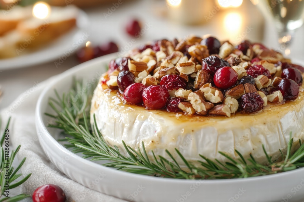 Delightful Christmas Table Setting Home Food Cozy Environment Festive Viewpoint Baked Brie Topped with Cranberries and Nuts