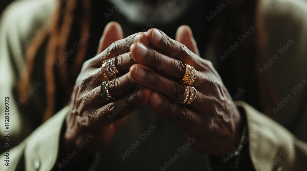 Obraz premium Hands adorned with rings create an artistic display of texture and detail in a soft-focused setting