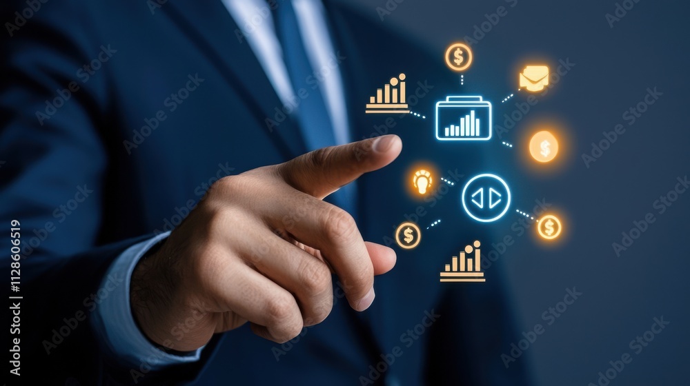 Businessman Touching Digital Finance Interface Businessman Touching Digital Finance Interface