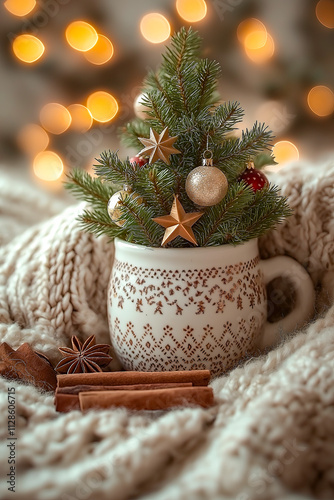 Mini Christmas Tree in a Festive Mug with Cozy Decor.