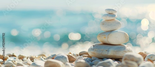 Panel kuchenny z motywem Photo of a stack of rocks balanced on the beach, symbolizing balance and meditation for health.