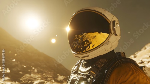 An astronaut on a wind-swept planet with twin shadows cast by two bright stars reflected in their helmet visor.