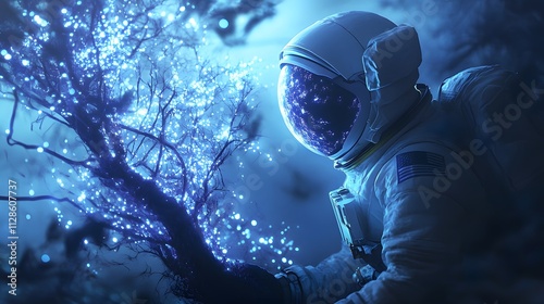 An astronaut standing near a glowing alien tree with bioluminescent branches mirrored in their helmet visor.