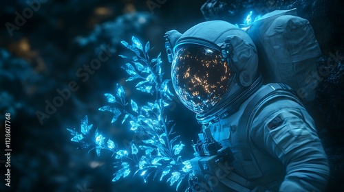 An astronaut standing near a glowing alien tree with bioluminescent branches mirrored in their helmet visor.