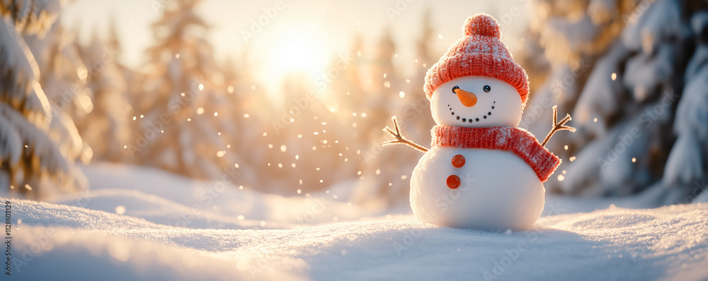 Fototapeta premium Cute funny snowman standing in natural park in snowfall. Winter themes.