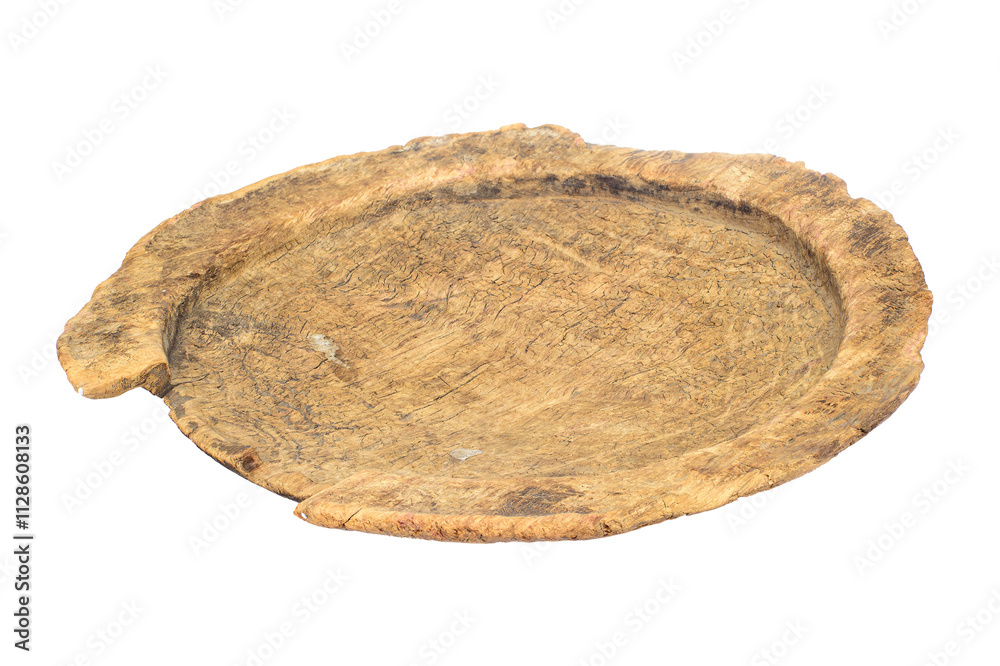 A round wooden dish with a cracked surface and jagged edge, showing signs of wear and age. A round wooden dish with a cracked surface and jagged edge, showing signs of wear and age.