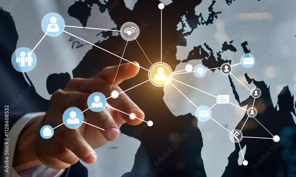 Global Network Connection:  A businessman interacts with a digital world map showcasing global connectivity and data exchange.