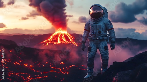 An astronaut standing on a volcanic ridge with a distant erupting volcano reflected in their helmet visor.