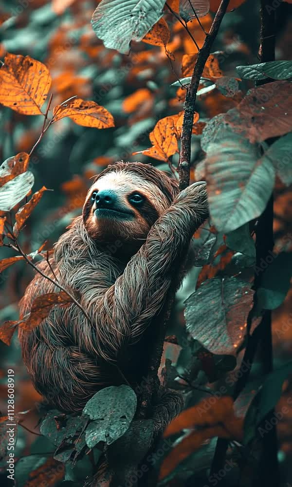 A sleepy sloth hanging from a tree branch in the rainforest
