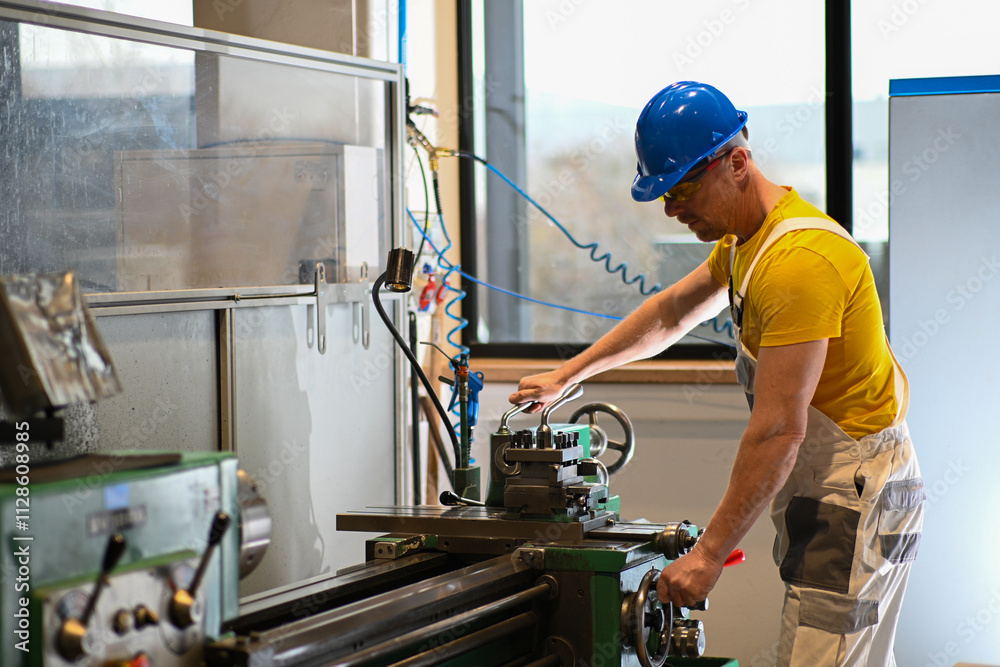 Skilled metalworker operating a lathe machine, producing precision parts in a factory workshop Skilled metalworker operating a lathe machine, producing precision parts in a factory workshop