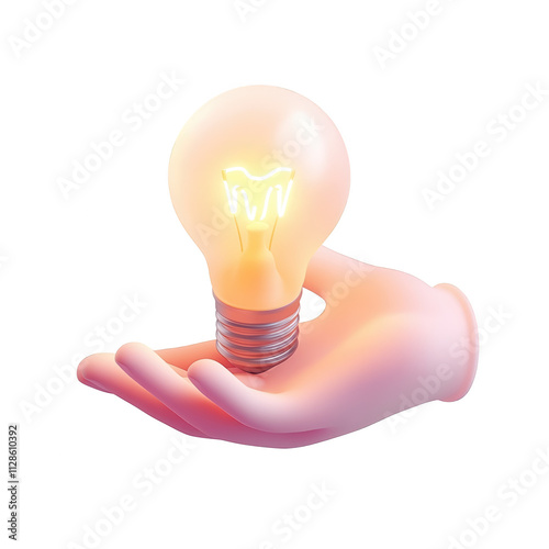 3D render with hand holding a lightbulb on isolated transparent background cutout