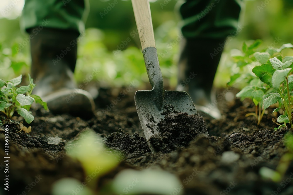 A close-up of a gardener shoveling dark, moist soil wearing green pants and sturdy boots A close-up of a gardener shoveling dark, moist soil wearing green pants and sturdy boots