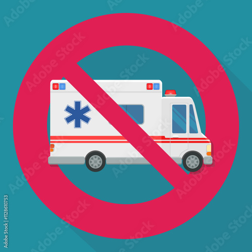 Ambulance with a circular red strikethrough prohibition symbol on a blue background with long shadow in flat design style