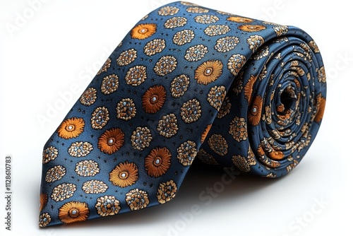 Stylish blue necktie with an orange pattern showcasing bold and modern design.