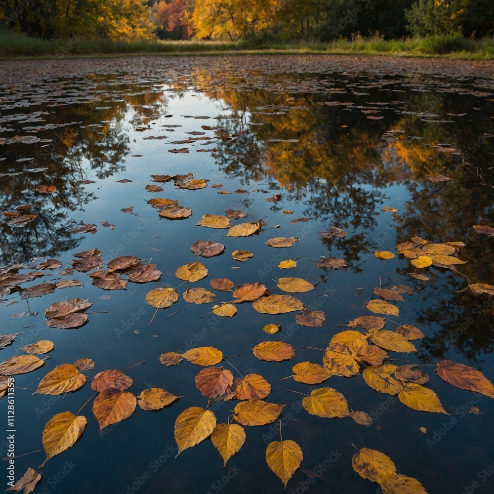 Write about the reflections of autumn leaves on a quiet pond. Write about the reflections of autumn leaves on a quiet pond.