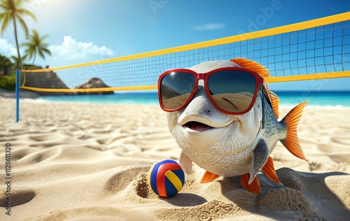 Happy fish wearing sunglasses at beach volleyball court.
