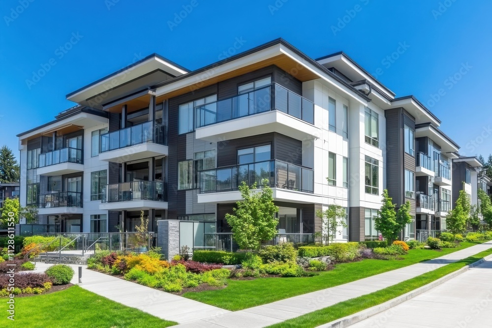 A contemporary apartment complex featuring a combination of white and dark paneling A contemporary apartment complex featuring a combination of white and dark paneling