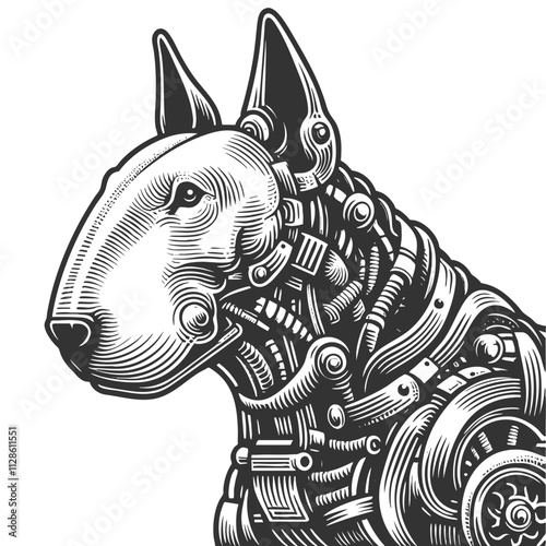 robotic dog featuring intricate mechanical elements, gears, and circuits in a futuristic design sketch engraving generative ai vector illustration. Scratch board imitation. Black and white image.