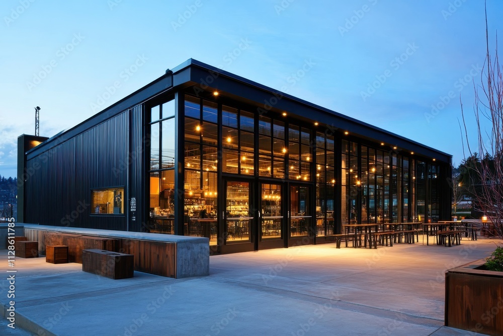 Obraz premium A contemporary industrial building with a sleek black facade and large glass windows