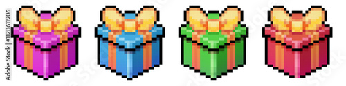 Pixel art gifts with colorful wrapping paper, festive bows, and holiday cheer