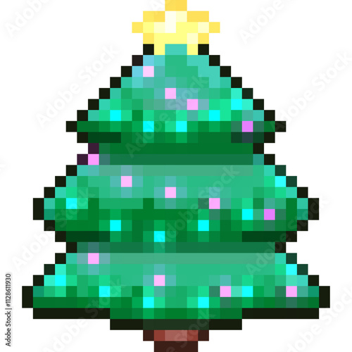 Pixel art Christmas tree with bright lights, colorful ornaments, and a shining star on top