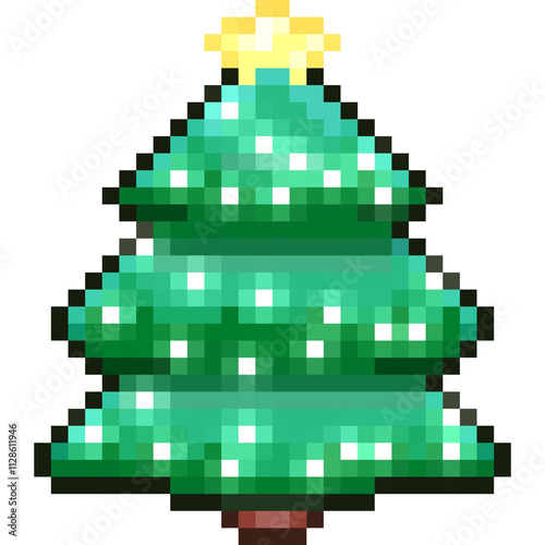 Pixel art Christmas tree with bright lights, colorful ornaments, and a shining star on top.