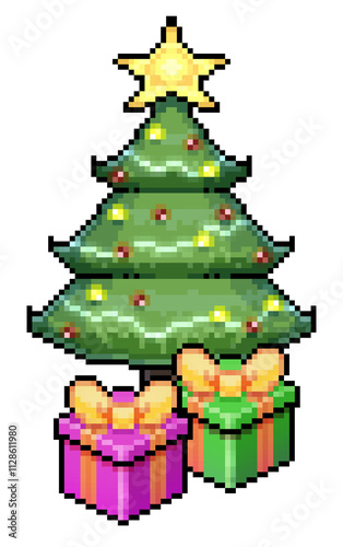 Pixel art Christmas tree with bright lights, colorful ornaments, and a shining star on top.	
