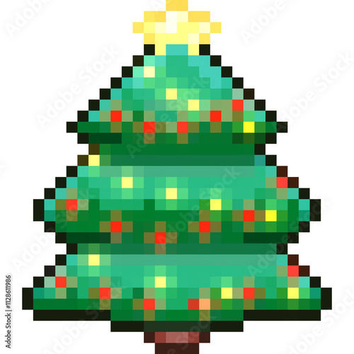 Pixel art Christmas tree with bright lights, colorful ornaments, and a shining star on top.	