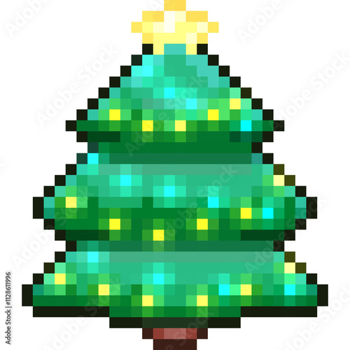 Pixel art Christmas tree with bright lights, colorful ornaments, and a shining star on top.	
