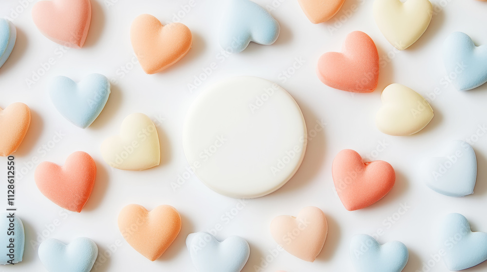 Aesthetic flat lay with pastel coloured hearts and white circular center for copy space. Romantic concept. Generative AI Aesthetic flat lay with pastel coloured hearts and white circular center for copy space. Romantic concept. Generative AI