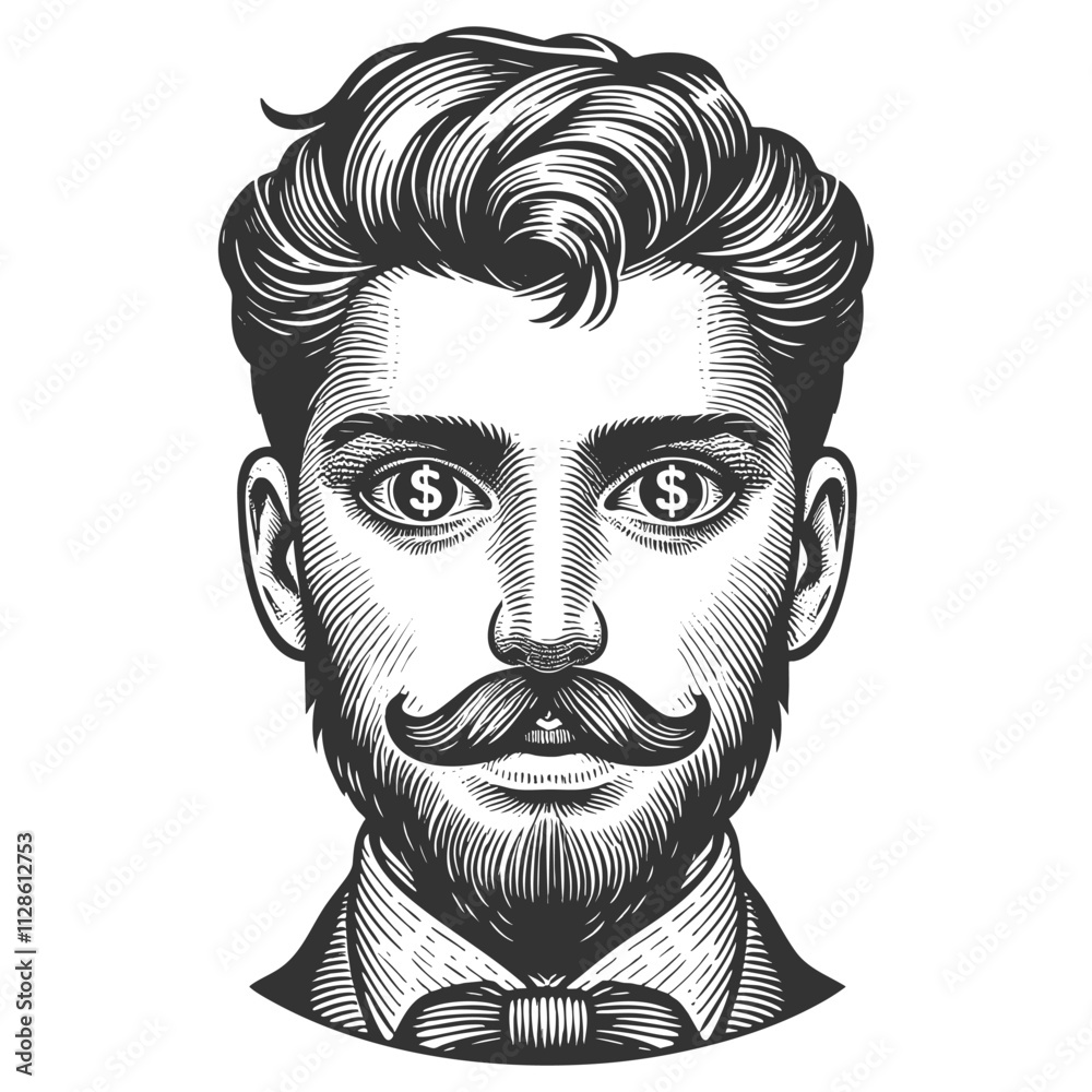 man with excited expression and dollar signs in his eyes, symbolizing greed or financial ambition sketch engraving generative ai vector illustration. Scratch board imitation. Black and white image.