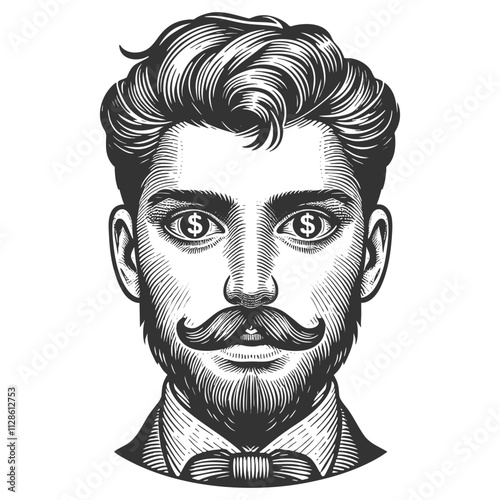 man with excited expression and dollar signs in his eyes, symbolizing greed or financial ambition sketch engraving generative ai vector illustration. Scratch board imitation. Black and white image.