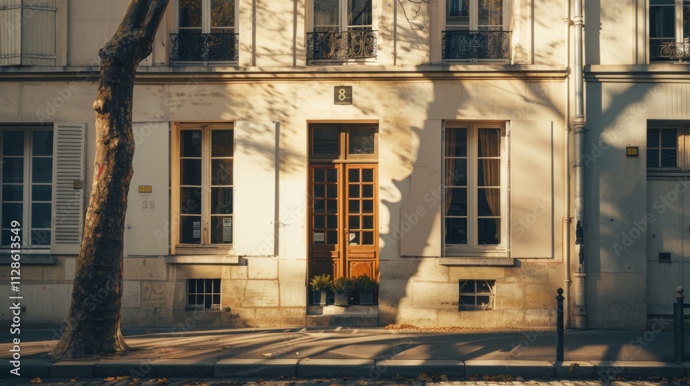 Elegant Parisian architecture, minimalist design, complete wall with windows and doors, warm sunlight, peaceful urban setting, no people visible.