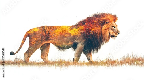 A majestic lion with a vibrant, colorful mane walking gracefully in a serene landscape. photo