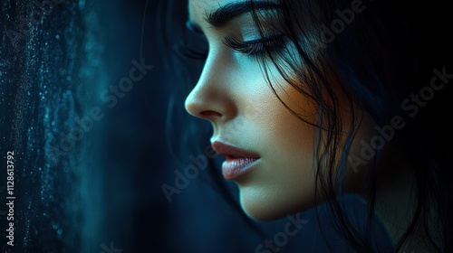 Close-up profile view of a woman with dark hair and soft lighting, looking contemplative by a window with raindrops.