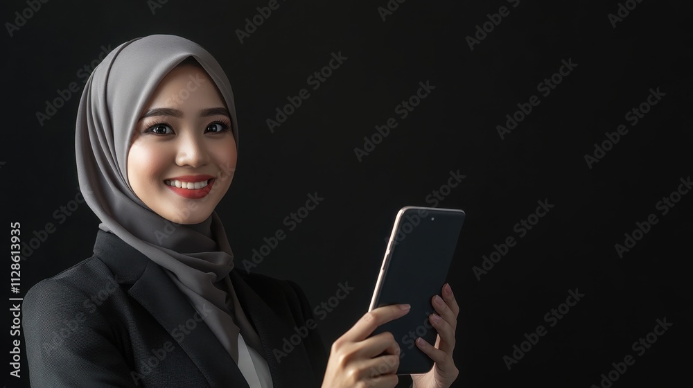 Portrait of a Smiling Muslim Businesswoman Using a Tablet Against a Dark Background Portrait of a Smiling Muslim Businesswoman Using a Tablet Against a Dark Background