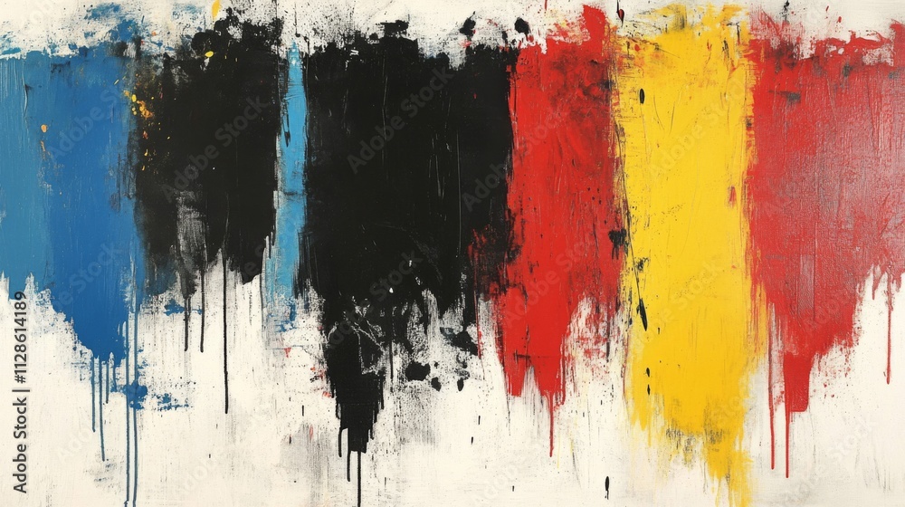 Fototapeta premium Abstract Vertical Stripes of Blue Black Red and Yellow Paint