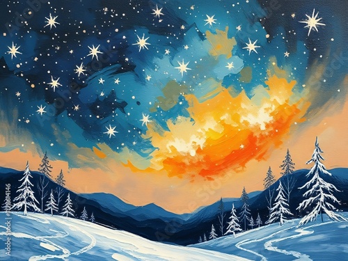 winter landscape with mountains oil paint illustration