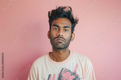 Portrait of a tender indian man in his 30s sporting a vintage band t-shirt in front of pastel or soft colors background