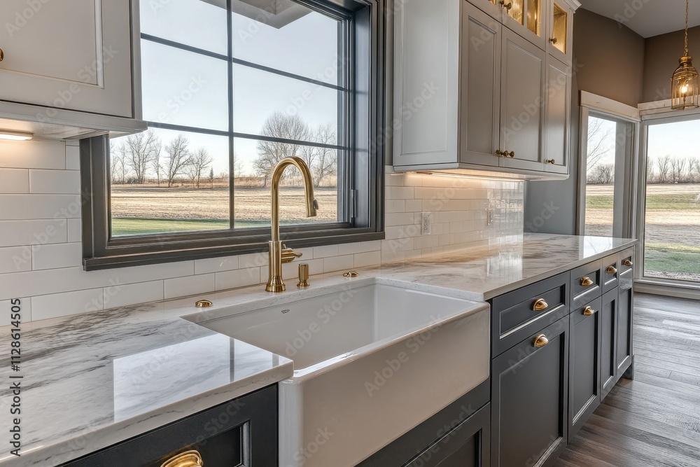 A luxury kitchen featuring a farmhouse sink with golden faucet fixtures set against a backdrop of two-tone cabinetry A luxury kitchen featuring a farmhouse sink with golden faucet fixtures set against a backdrop of two-tone cabinetry