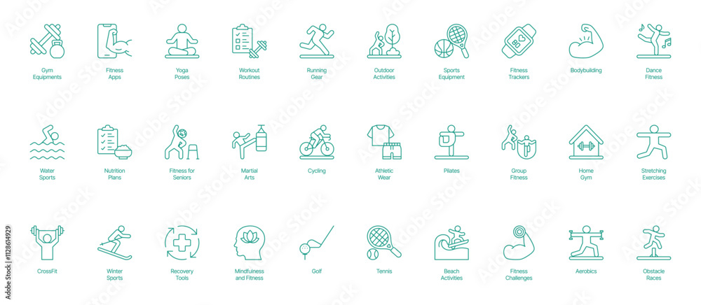 Fototapeta premium Comprehensive Fitness and Lifestyle Icon Set with Settings - Vector Illustrations for Gym Equipment, Fitness Apps, Yoga Poses, Workout Routines, Running Gear, Outdoor Activities, Sports Equipment 