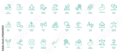 Comprehensive Fitness and Lifestyle Icon Set with Settings - Vector Illustrations for Gym Equipment, Fitness Apps, Yoga Poses, Workout Routines, Running Gear, Outdoor Activities, Sports Equipment 