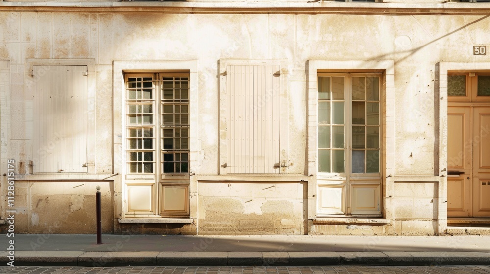 Elegant Parisian architecture, minimalist design, facing a wall with windows and doors, warm sunlight, peaceful urban setting, no people visible.